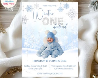 Editable Winter Onederland Invitation | First Birthday Invite Canva Template | Winter Theme | Instant Download | FBWWB01