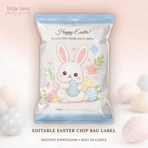 Plantilla editable para bolsas de patatas fritas de Pascua, Conejo de Pascua, Bolsas para patatas fritas para fiestas de Pascua, Bolsas para aperitivos imprimibles, Dulces de Pascua para el aula, Pascua para niños E01