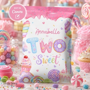 May include: A white party favor bag with a pink top, decorated with colorful illustrations of sweets. The bag reads "Annabelle is Two Sweet" in a playful font. The design includes donuts, cupcakes, and lollipops.