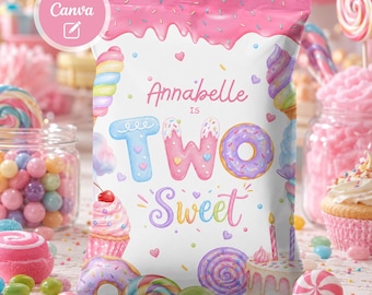 Zwei süße Geburtstags-Chip-Beutel-Vorlage bearbeitbar in Canva, Candyland Chip Bag, Pastell Candy Birthday Party Treat Bag, Mädchen 2.Geburtstag G14
