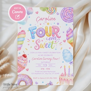 May include: A colorful birthday party invitation with the text "Caroline is Four ever Sweet." The invitation features illustrations of sweets like lollipops, ice cream cones, and a cake. The date is February 13, 2026.