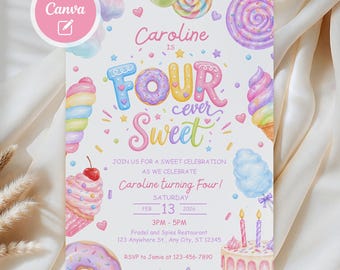 Puede incluir: Una colorida invitación de cumpleaños con el texto "Caroline es para siempre dulce". La invitación presenta ilustraciones de dulces como piruletas, conos de helado y una tarta. La fecha es el 13 de febrero de 2026.
