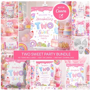 May include: A Two Sweet birthday party bundle featuring pink icing drips, donuts, cupcakes, and candy illustrations. The text reads Welcome to Annabelle's Two Sweet Birthday Party. Includes templates for signs, chip bags, water labels, and favor tags.