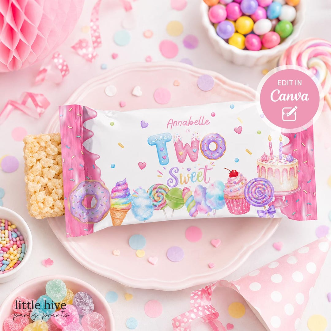 Two Sweet Crispy Treat Wrapper Editable Canva, Candy Birthday Party ...