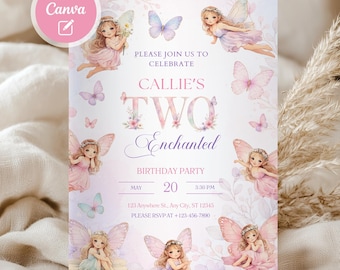 Fairy 2nd Birthday Invitation Editable Canva Template, TWO Enchanted Invite Girl, Pastel Fairy Party Invitation, Instant Download G09