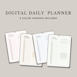 Può includere: Quattro planner giornalieri digitali in vari colori pastello, tra cui rosa, beige, blu e verde. Ogni tablet mostra un layout di programma giornaliero con sezioni per attività e note. Il testo "DIGITAL DAILY PLANNER" e "4 COLOR VARIANTS INCLUDED" sono in alto.