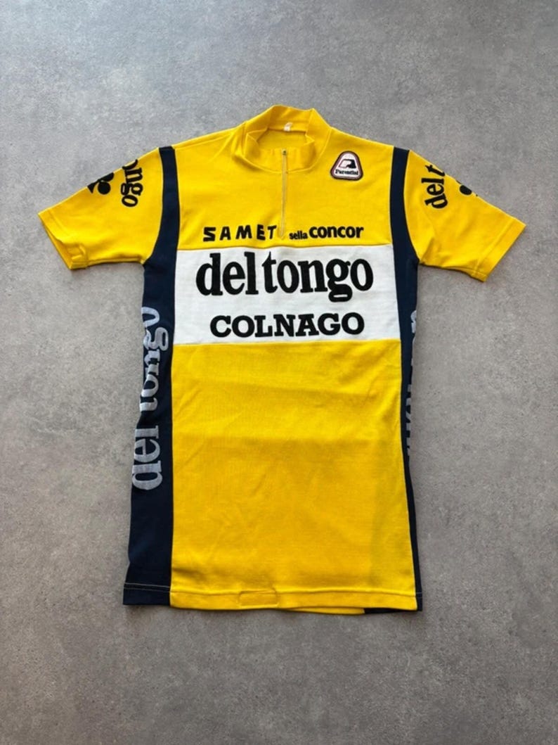 Vintage Cycling Jersey Men’s Small Yellow Del Tongo Colnago Short Sleeve Retro image 1