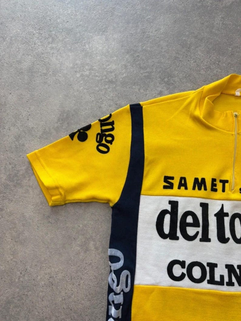 Vintage Cycling Jersey Men’s Small Yellow Del Tongo Colnago Short Sleeve Retro image 4