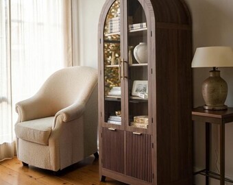 Tall Arched Glass Door Cabinet | Fluted Walnut Pantry Bookcase | Rustic Bar & Kitchen Display Hutc