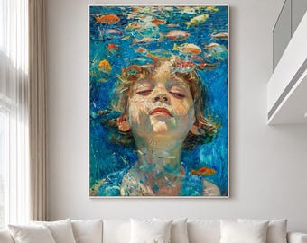 Cuadro abstracto grande original de un niño buceando, obra de arte en lienzo con temática submarina azul, decoración moderna de pared acuática para la sala de estar.
