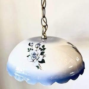 1960s J. Richard Pendant Light – Blue Opaline Glass with Roses / Vintage J. Richard Pendant Light – Opaline Glass and Blue Roses