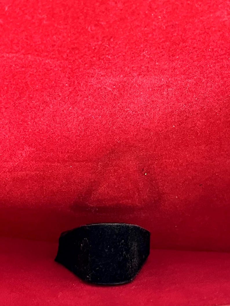 Puede incluir: Un anillo negro con una cara rectangular se muestra sobre un fondo rojo vibrante. El anillo parece estar hecho de un material oscuro, posiblemente similar al terciopelo. El marco es una caja roja forrada de tela.