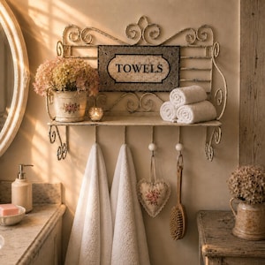 Peut inclure: Une étagère murale en métal avec une finition crème vieillie, dotée d'une plaque centrale portant l'inscription TOWELS. L'étagère supporte trois serviettes blanches roulées, un pot floral aux fleurs roses et une bougie. Quatre crochets suspendent deux serviettes blanches, un ornement en forme de cœur et une brosse en bois.