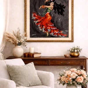Framed Vintage Flamenco Dancer Needlepoint, Large Mid-Century Spanish Wall Art, Red & Gold Retro Embroidery, Finished Hand Stitched Decor