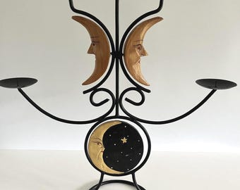 Vintage Celestial 5-Arm Metal Candelabra, Moon & Stars Candle Holder | Vintage chandelier with 5 moon and star candles