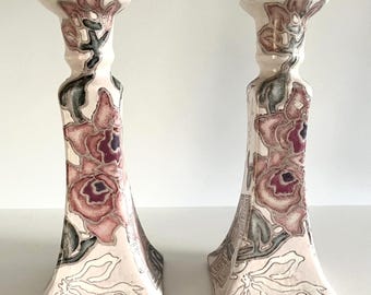 Vintage H.F.P. Macau porcelain candlesticks, hand-painted pair, 1980s | Vintage hand-painted porcelain candlesticks, pair, 1980s, H.F.P.