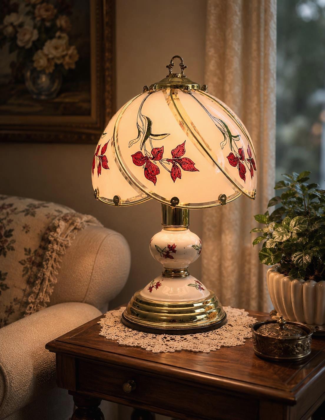 Vintage 1980s Floral Touch Lamp / Vintage 80s Touch Lamp, Floral