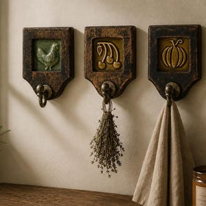 May include: Three rustic wall hooks with decorative ceramic inserts. The inserts feature a chicken, cherries, and a pumpkin. Each hook has a metal hook below. A beige towel and dried herbs hang from two of the hooks.