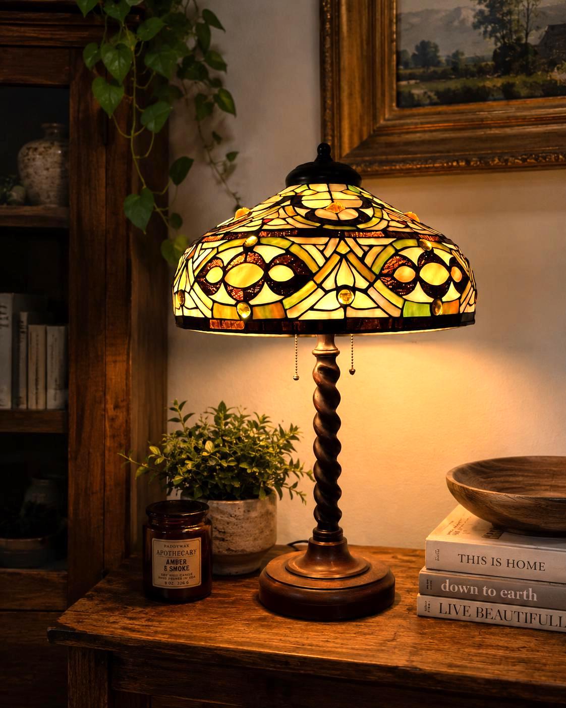 Large 1980s Vintage Tiffany-style Lamp, Light Wood Base | Large