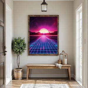Konsttryck med synthwave-solnedgång | Retro Futurism Neon Grid (digital nedladdning) bild 2