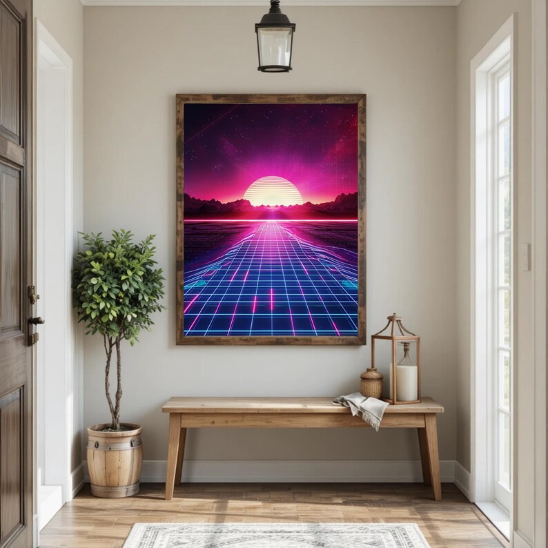 Konsttryck med synthwave-solnedgång | Retro Futurism Neon Grid (digital nedladdning) bild 2