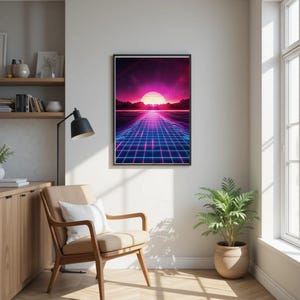 Konsttryck med synthwave-solnedgång | Retro Futurism Neon Grid (digital nedladdning) bild 9