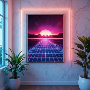 Konsttryck med synthwave-solnedgång | Retro Futurism Neon Grid (digital nedladdning) bild 4