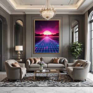 Konsttryck med synthwave-solnedgång | Retro Futurism Neon Grid (digital nedladdning) bild 7