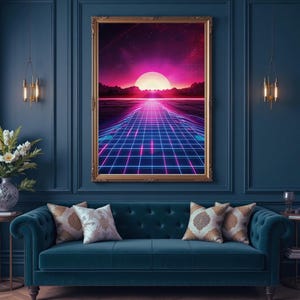 Konsttryck med synthwave-solnedgång | Retro Futurism Neon Grid (digital nedladdning) bild 12