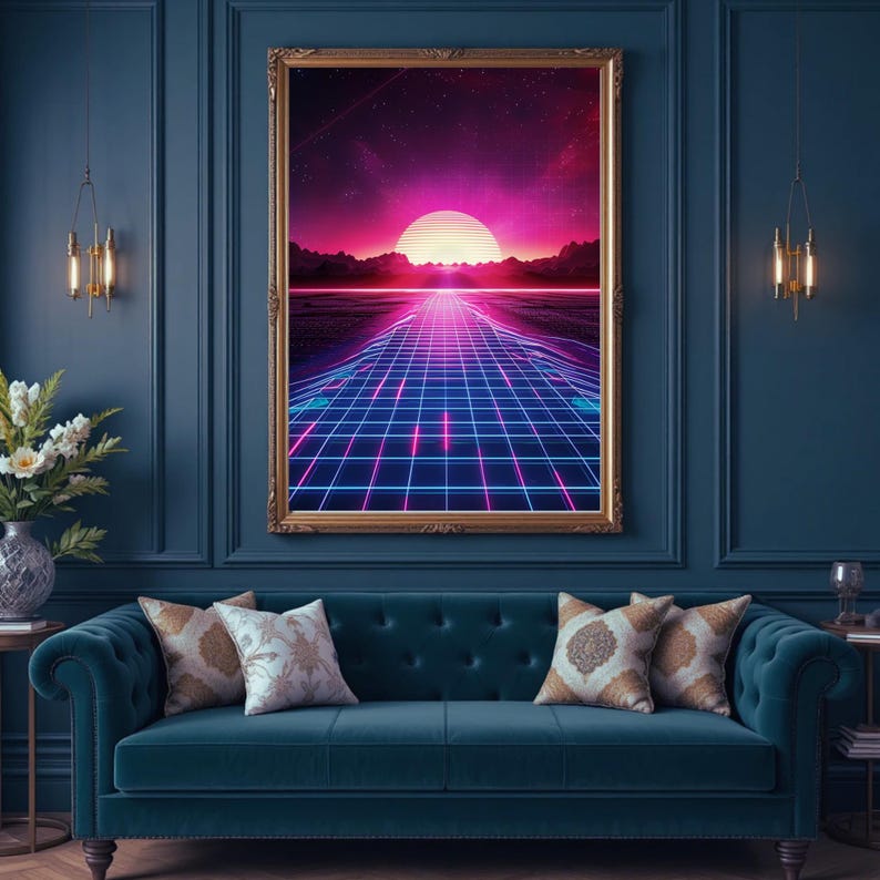 Konsttryck med synthwave-solnedgång | Retro Futurism Neon Grid (digital nedladdning) bild 12
