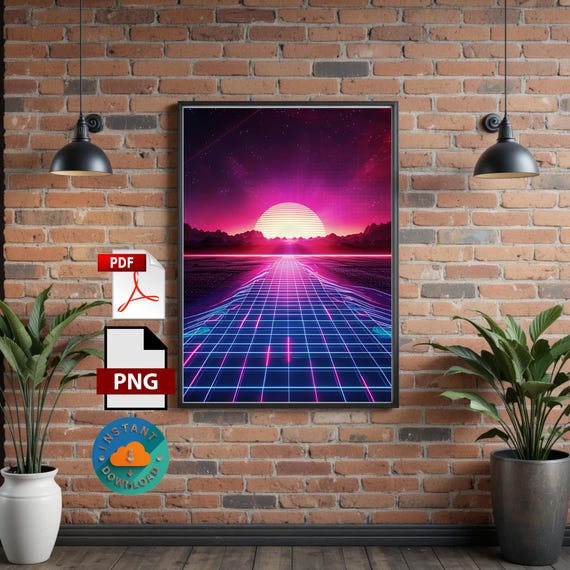 Synthwave Sunset Art Print | Retro Futurism Neon Grid (Digital Download)