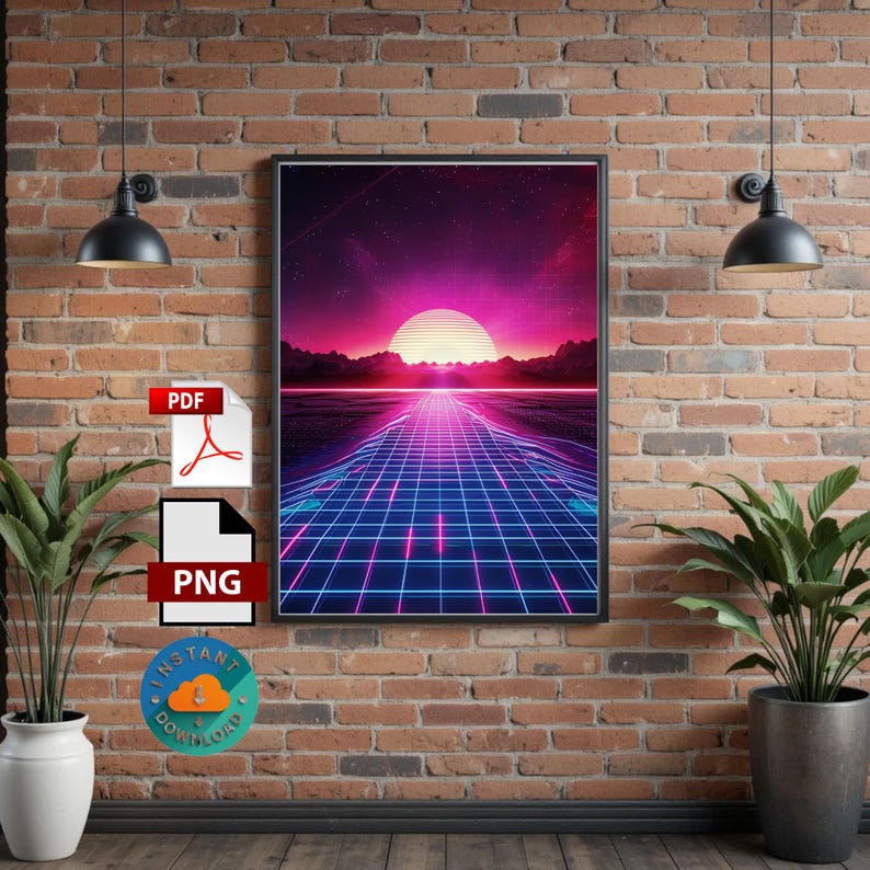 Konsttryck med synthwave-solnedgång | Retro Futurism Neon Grid (digital nedladdning) bild 1
