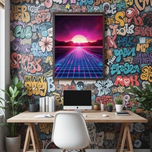 Konsttryck med synthwave-solnedgång | Retro Futurism Neon Grid (digital nedladdning) bild 5