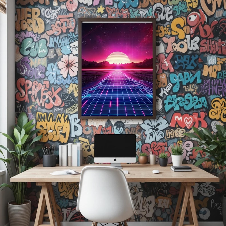 Konsttryck med synthwave-solnedgång | Retro Futurism Neon Grid (digital nedladdning) bild 5