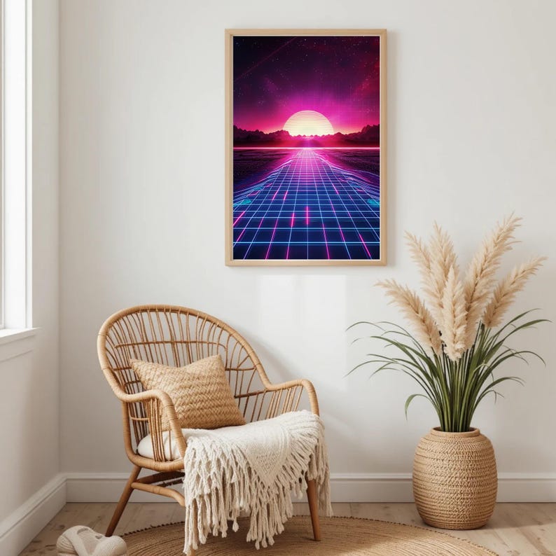 Konsttryck med synthwave-solnedgång | Retro Futurism Neon Grid (digital nedladdning) bild 10