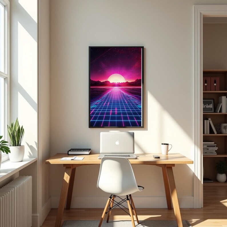 Konsttryck med synthwave-solnedgång | Retro Futurism Neon Grid (digital nedladdning) bild 8