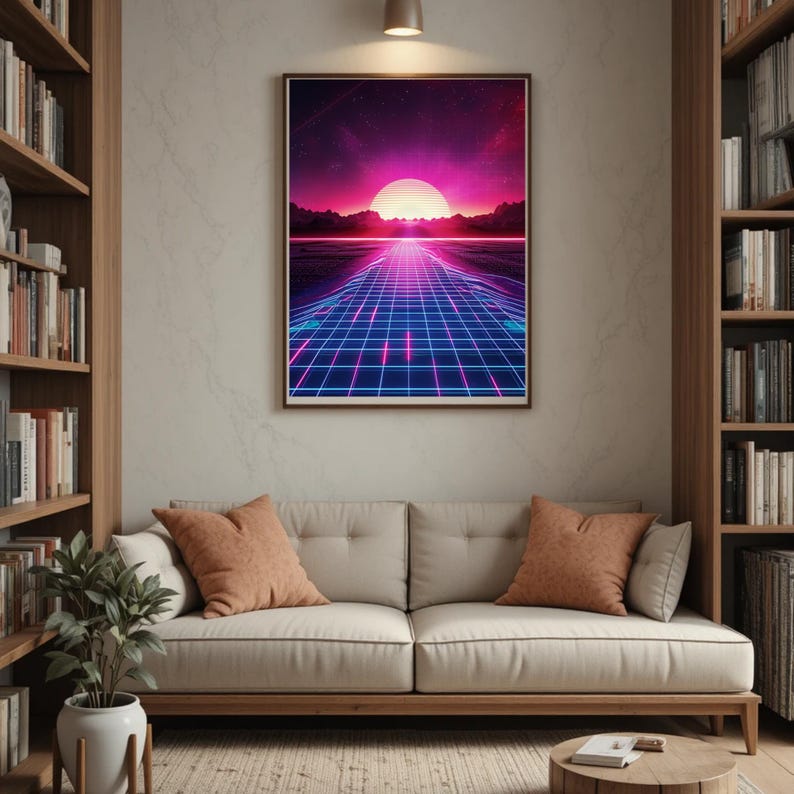 Konsttryck med synthwave-solnedgång | Retro Futurism Neon Grid (digital nedladdning) bild 11