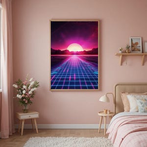 Konsttryck med synthwave-solnedgång | Retro Futurism Neon Grid (digital nedladdning) bild 3