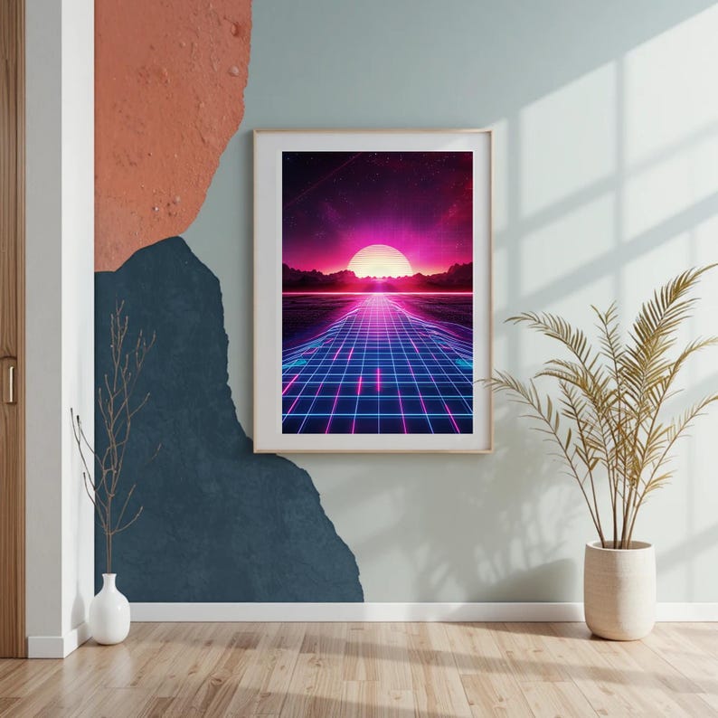 Konsttryck med synthwave-solnedgång | Retro Futurism Neon Grid (digital nedladdning) bild 6