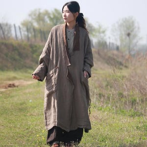 Women Linen Long Coat, Coats for Women's, Spring cardigan, buttonless Windbreaker