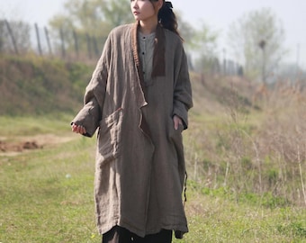 Women Linen Long Coat, Coats for Women's, Spring cardigan, buttonless Windbreaker