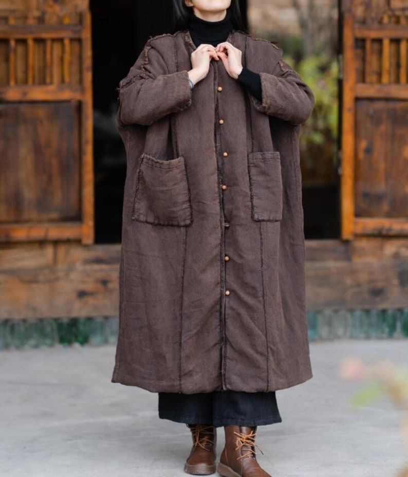 Women Winter outerwear, Linen Long coat, Loose Fit padded coat, Linen winter coat, Coat for women, Linen Robe, Winter Warm coat image 8