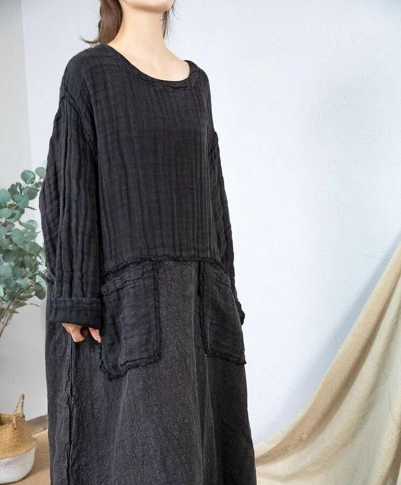 Women Loose Linen Long Dresses Round Collar Dress Linen - Etsy