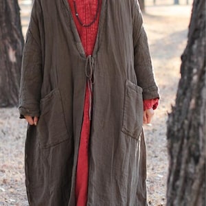 Women winter Linen coat, Linen Winter outerwear, Linen maxi coat, padded coat, Long Warm Coat, Linen Coat for women