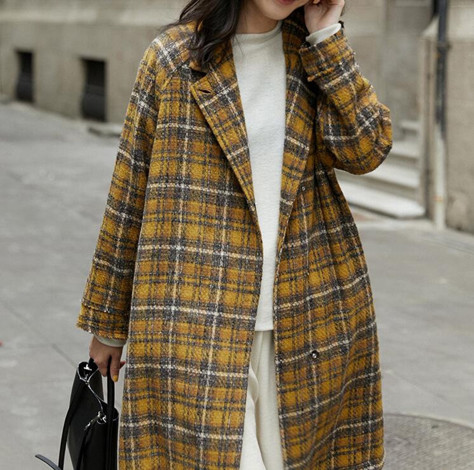 Winter loose wool coat Yellow plaid wool overcoat midi wool Etsy