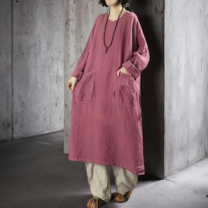 Spring Autumn Linen Long Dress Women's, Minimalist Oversized Dress With Pockets, Dresses for women Rose Red