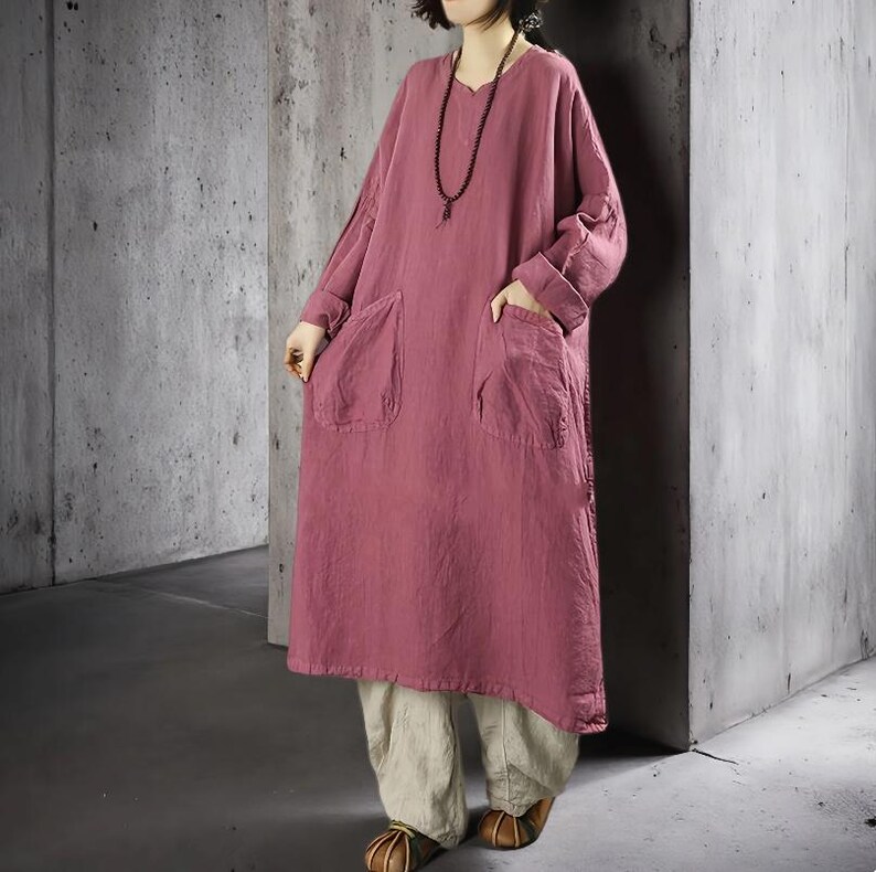 Spring Autumn Linen Long Dress Women's, Minimalist Oversized Dress With Pockets, Dresses for women Rose Red