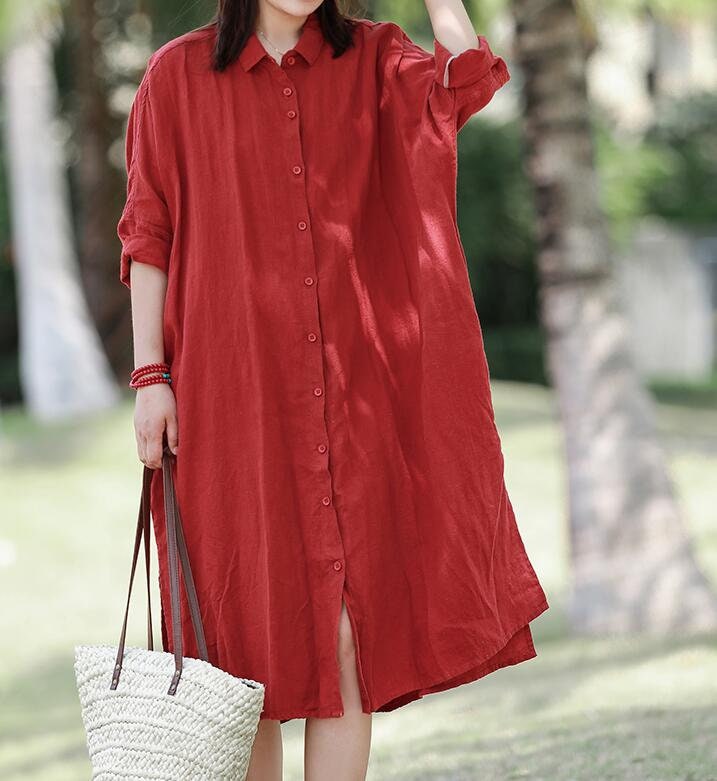 MaLieb Red Linen Dress, Linen Shirt Dress, Long Sleeve Linen Midi Dress, Linen Button Down Shirt, Women Linen Tops with Pockets