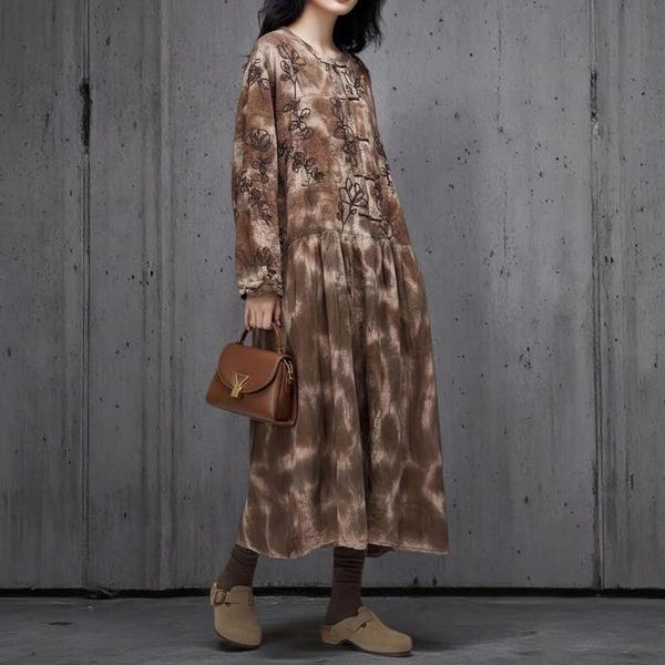 Women's Linen Dress, Retro Dresses with Pockets, Spring long sleeved dress for Women