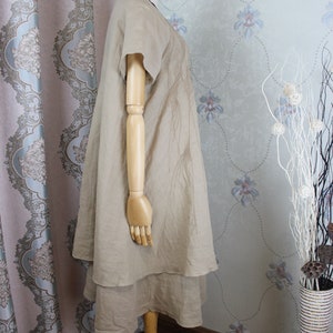 Summer dress, Loose Fitting dress, Khaki midi Dress, blue linen dress, Layered Linen Dress image 3